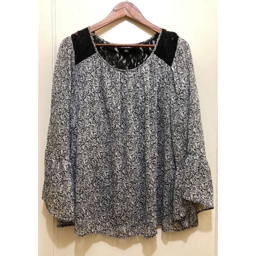 Roz Ali Black Womens Top‎ Floral Print Bell Sleeve 1X Lace Trim Sheer Lined Boho